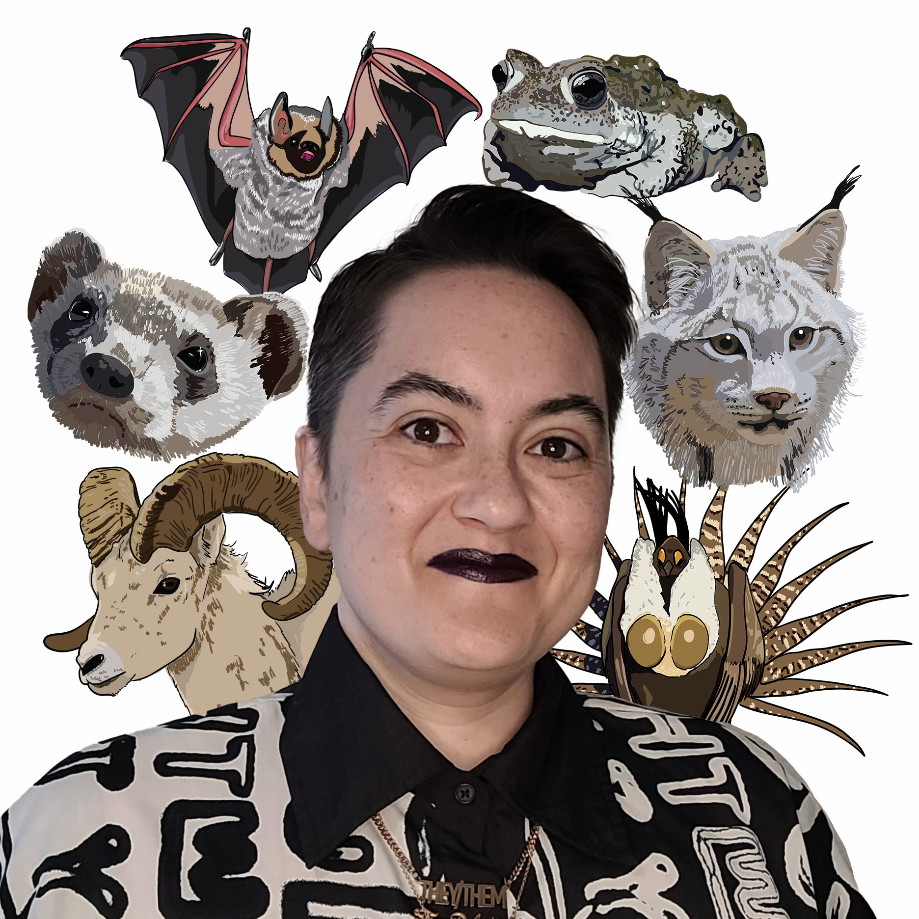 Photograph of Chris with their illustrations of a bighorn sheep, black-footed ferret, hoary bat, boreal toad, Canada lynx, and Gunnison sage grouse surrounding them